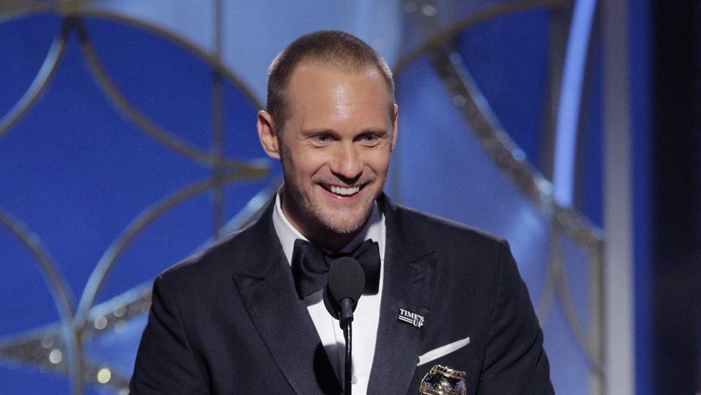 BEVERLY HILLS, CA - JANUARY 07: In this handout photo provided by NBCUniversal, Alexander Skarsgard accepts the award for Best Performance by an Actor in a Supporting Role in a Series, Limited Series or Motion Picture Made for Television for “Big Little Lies” during the 75th Annual Golden Globe Awards at The Beverly Hilton Hotel on January 7, 2018 in Beverly Hills, California. (Photo by Paul Drinkwater/NBCUniversal via Getty Images)