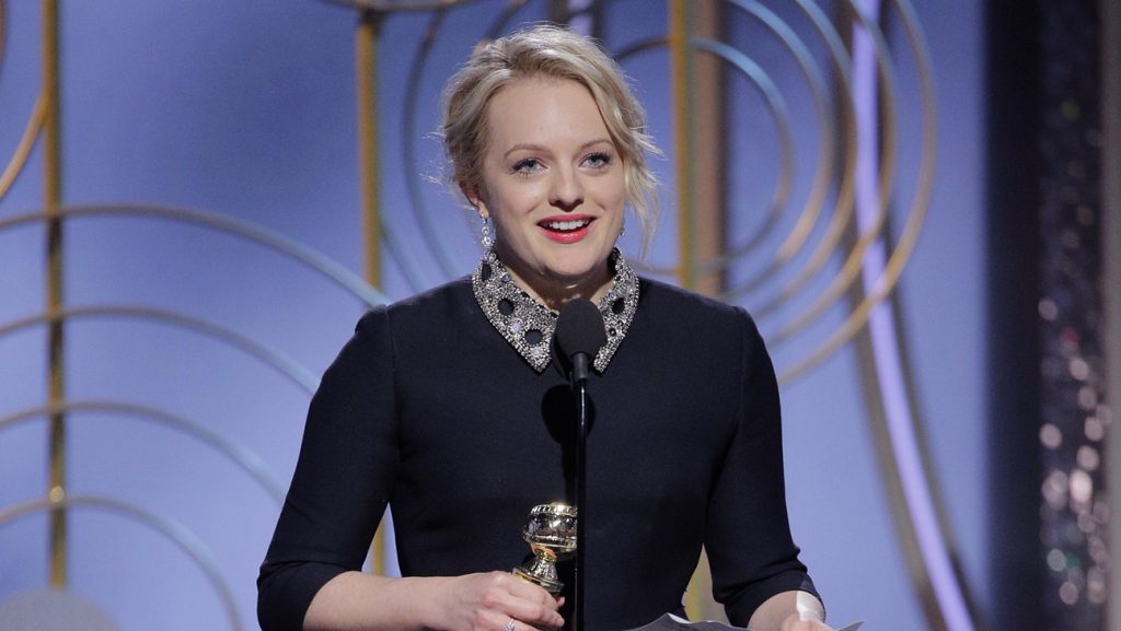 BEVERLY HILLS, CA - JANUARY 07: In this handout photo provided by NBCUniversal, Elisabeth Moss accepts the award for Best Performance by an Actress in a Television Series – Drama for “The Handmaid’s Tale” speaks onstage during the 75th Annual Golden Globe Awards at The Beverly Hilton Hotel on January 7, 2018 in Beverly Hills, California. (Photo by Paul Drinkwater/NBCUniversal via Getty Images)