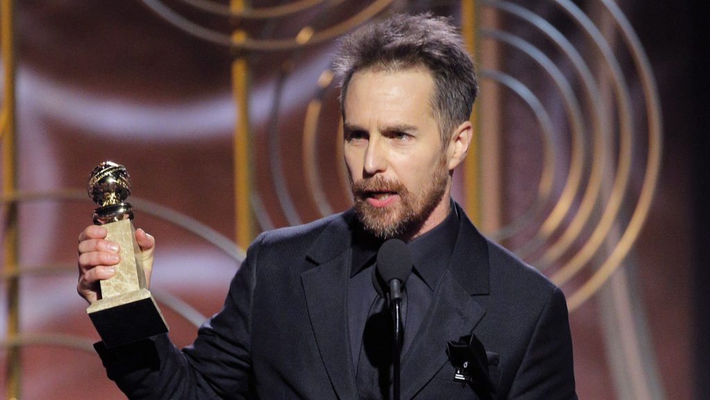 BEVERLY HILLS, CA - JANUARY 07: In this handout photo provided by NBCUniversal, Sam Rockwell accepts the award for Best Performance by an Actor in a Supporting Role in a Motion Picture for “Three Billboards Outside Ebbing, Missouri” during the 75th Annual Golden Globe Awards at The Beverly Hilton Hotel on January 7, 2018 in Beverly Hills, California. (Photo by Paul Drinkwater/NBCUniversal via Getty Images)
